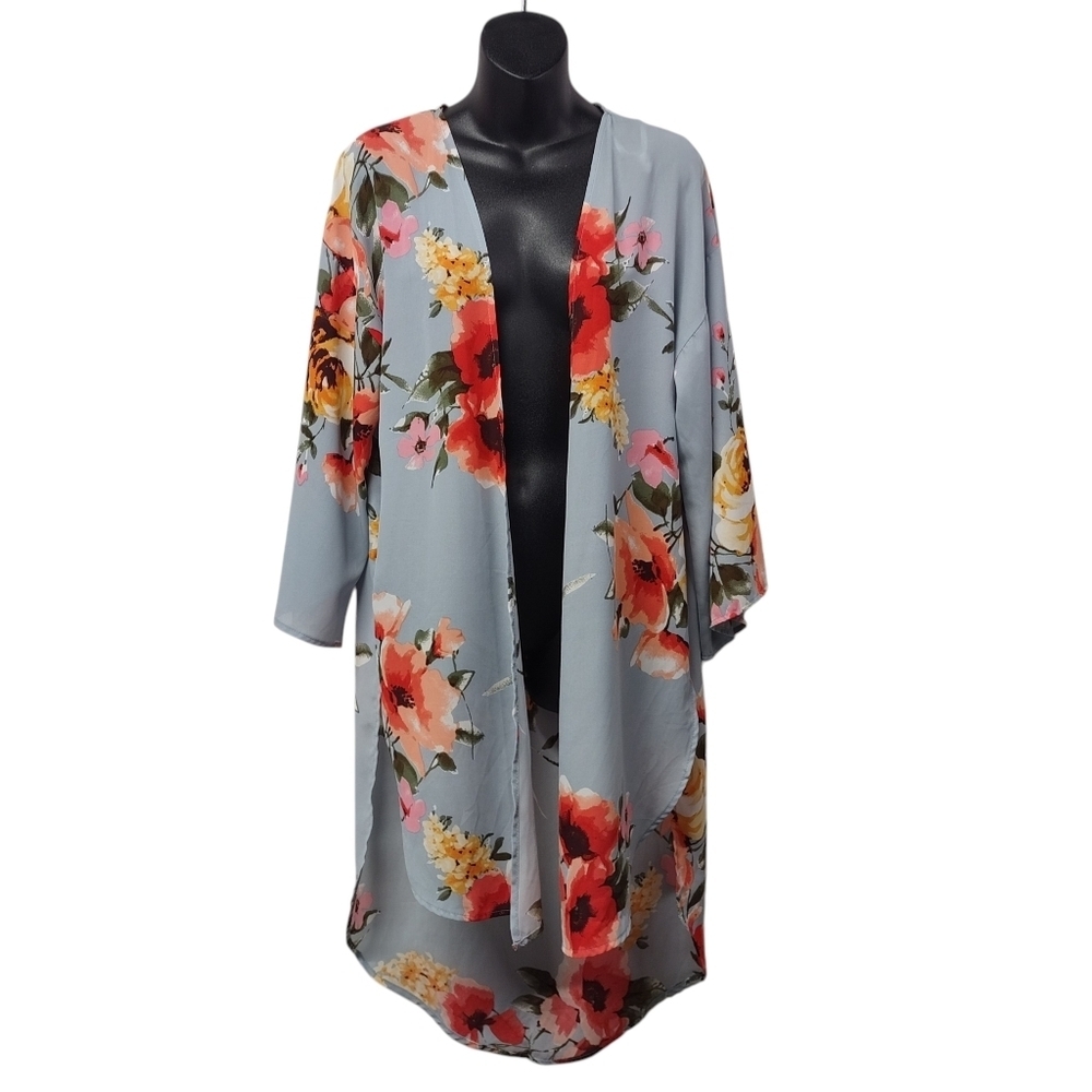 Emerald Women's Size M Blue Floral Print Kimono Cardigan Open Front Lightweight